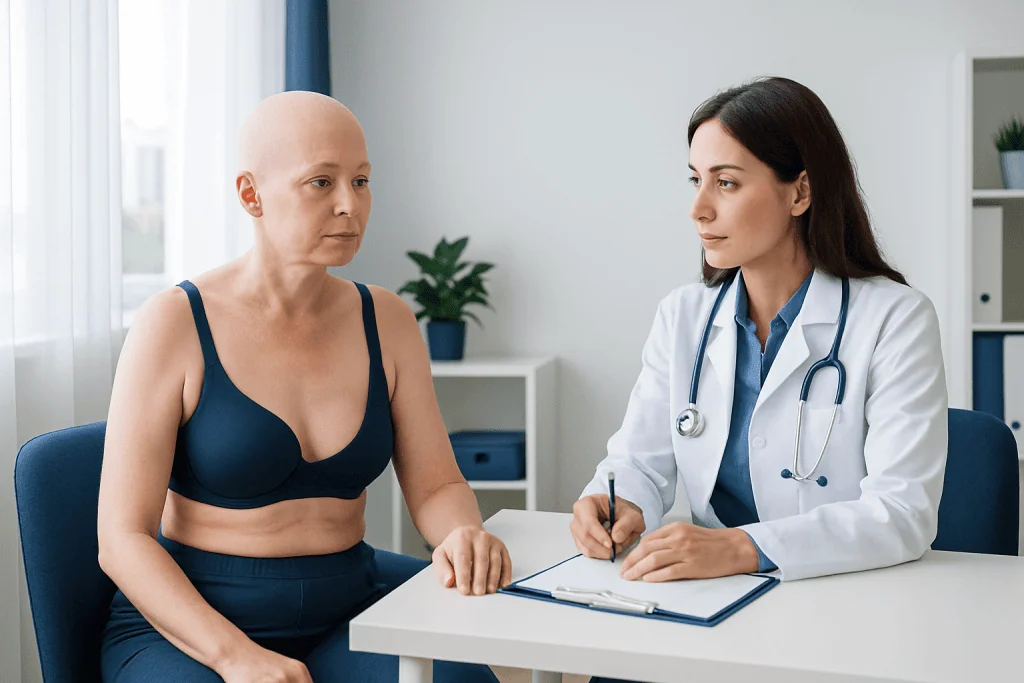 Patient consulting with doctor about breast health after mastectomy.