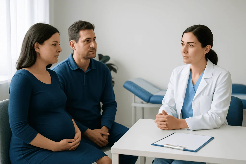 Pregnant woman consulting with doctor and partner in a medical office.