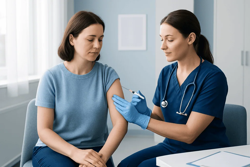 Nurse administering an intramuscular injection to a patient in a clinical setting.