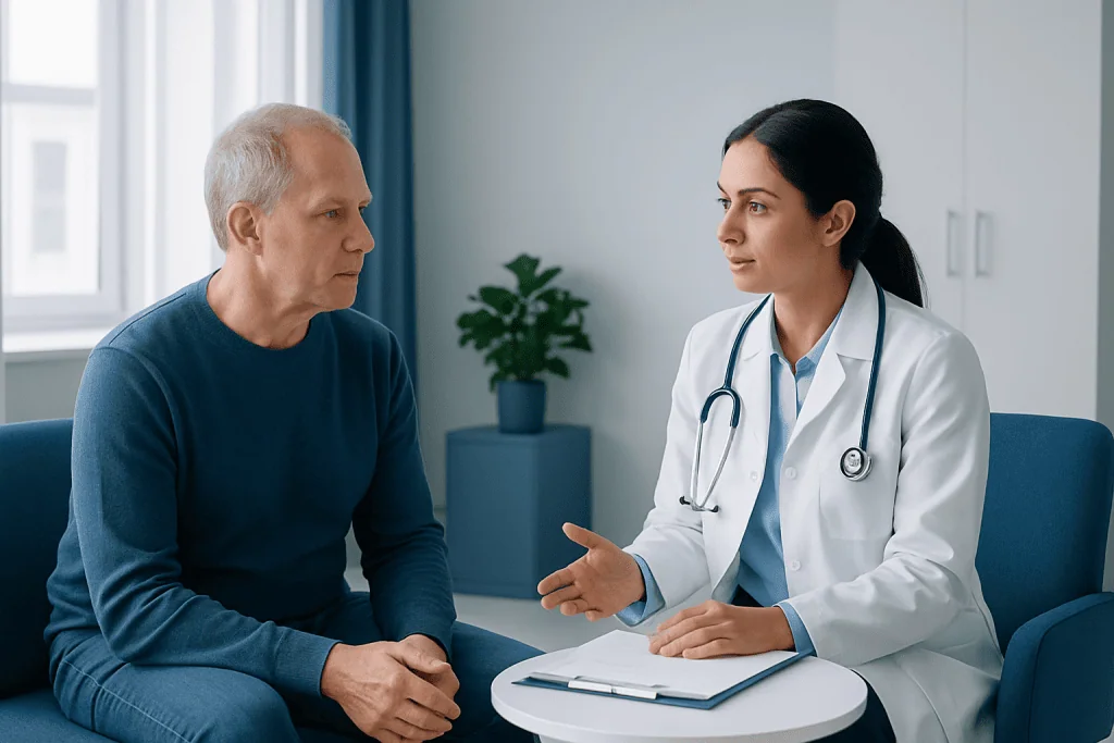 Doctor consulting with a male patient in a medical office.