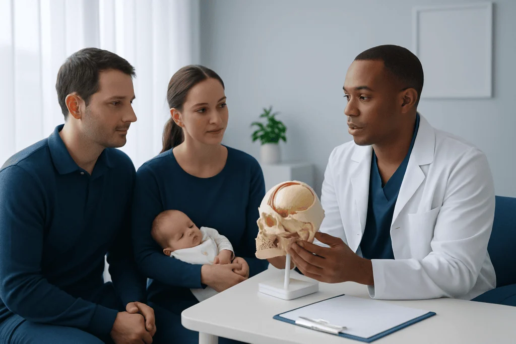 Doctor explaining skull anatomy to parents and baby in a medical consultation.