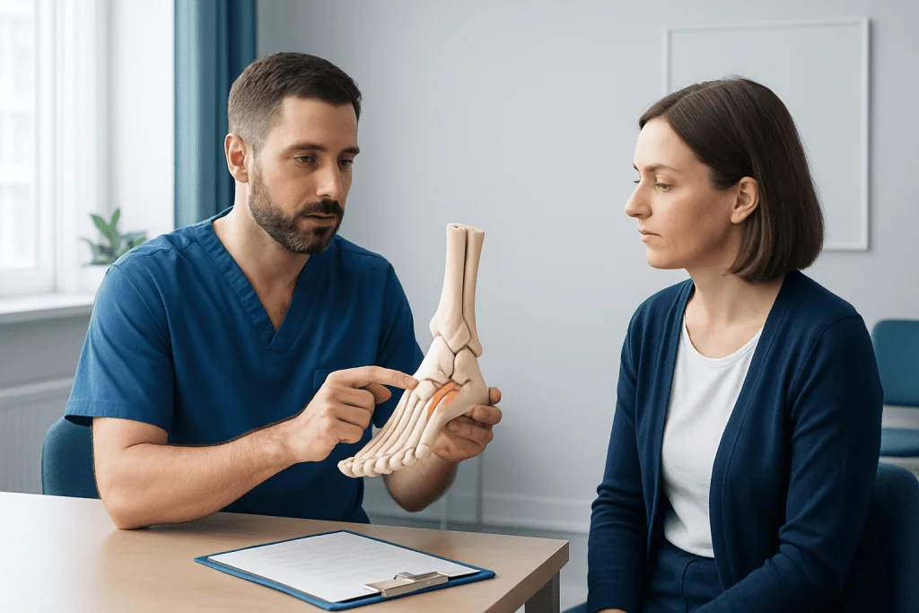 Doctor explaining foot anatomy to patient during consultation at Acibadem Hospital.