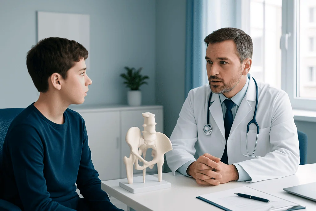 Pediatric consultation with a doctor discussing hip anatomy model.