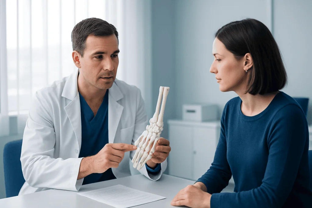 Orthopedic doctor explaining ankle bones to a patient in a consultation room.