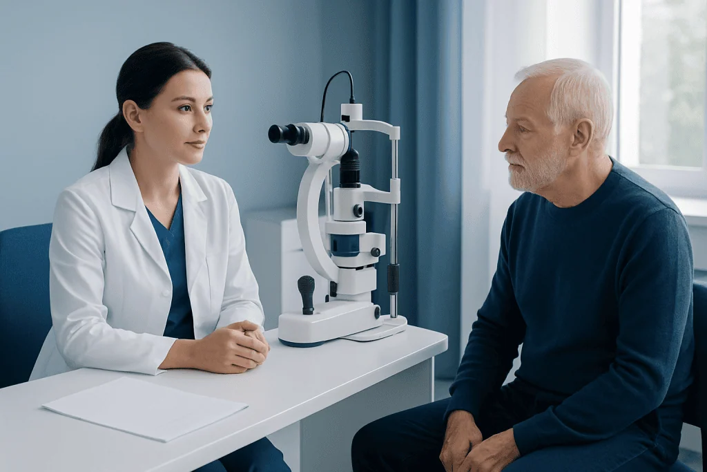Ophthalmologist consulting elderly patient during eye examination at clinic.