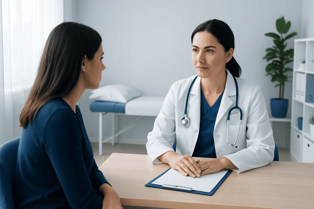 Doctor consulting with patient in a medical office setting.