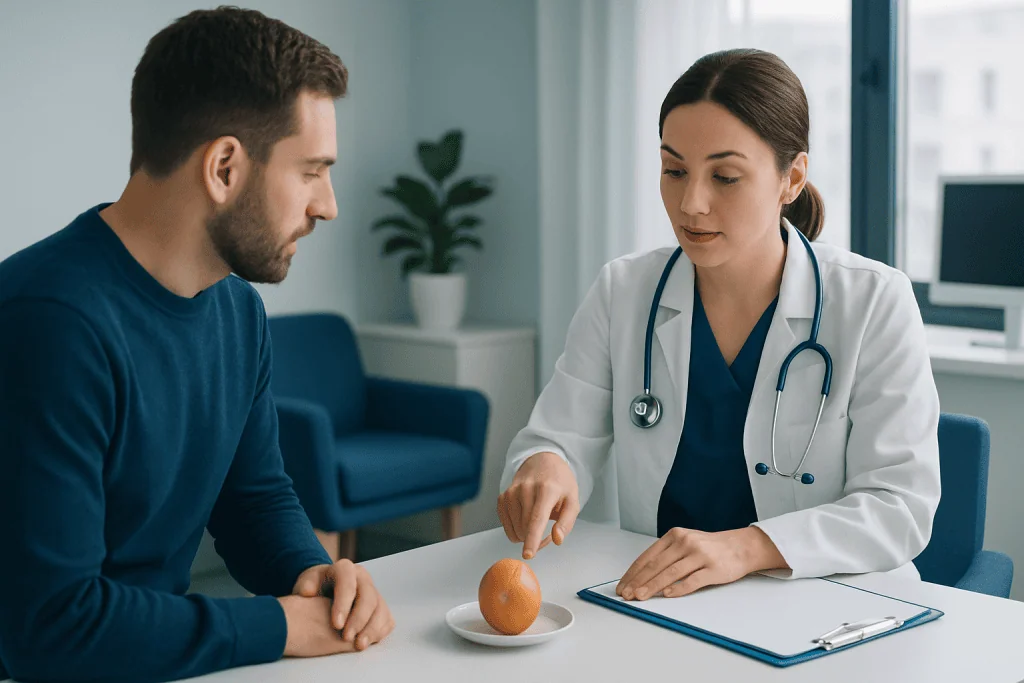 Doctor explains egg surgery procedure to patient in a medical consultation.