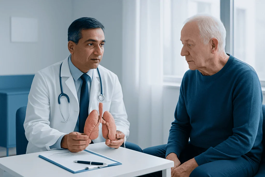 Doctor explaining lung anatomy to elderly patient in consultation room.