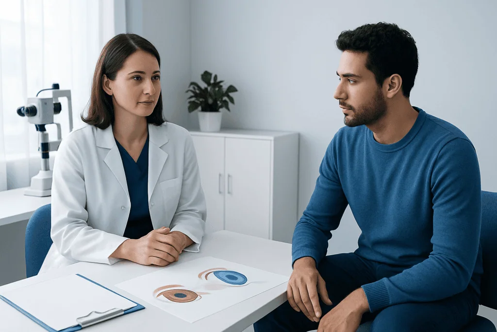 Ophthalmologist consulting with patient about eye health and keratoconus.
