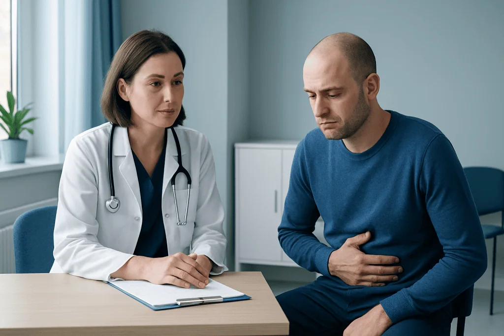 Doctor consulting with patient about marrow transplant pain and recovery.