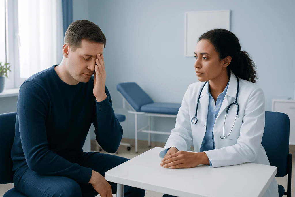 Patient consulting doctor about eye pain in a medical clinic.