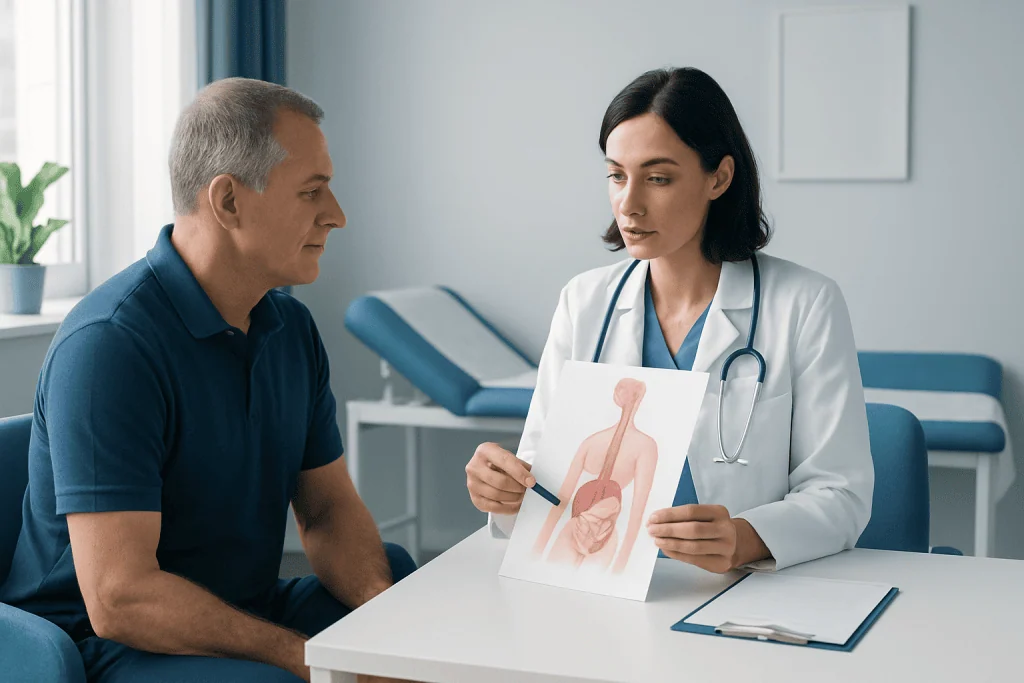 Doctor explains esophagus diagram to patient in consultation room.
