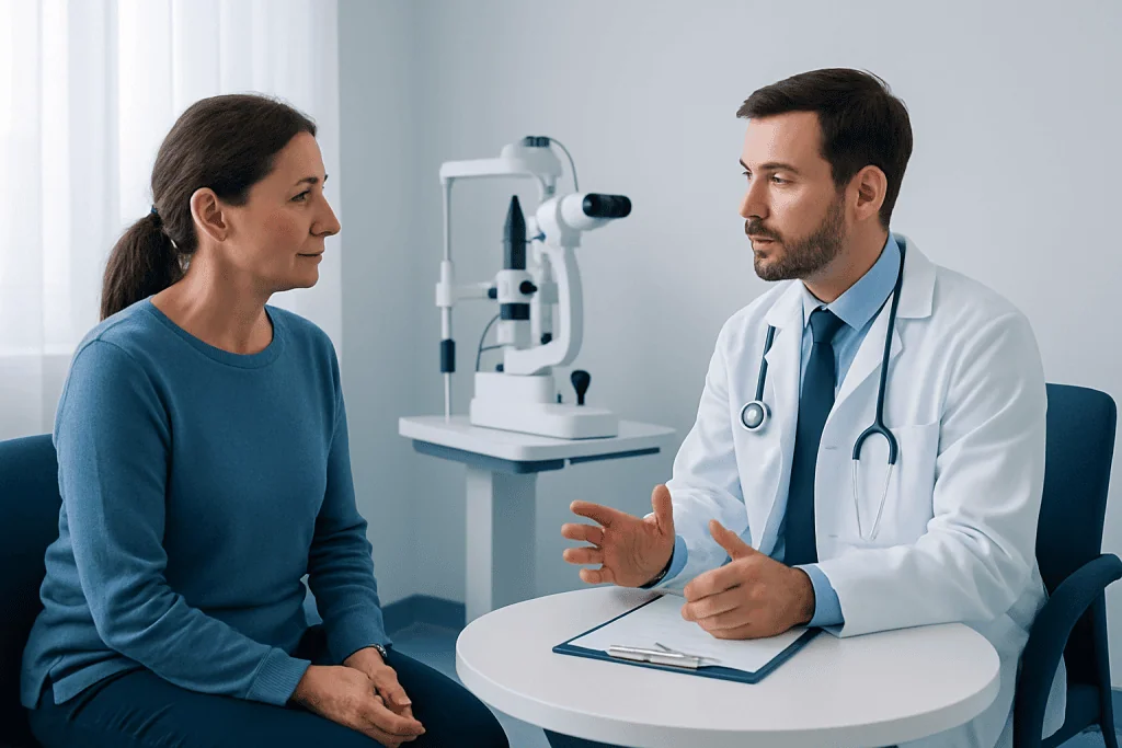 Doctor consulting with a patient in a medical office setting.