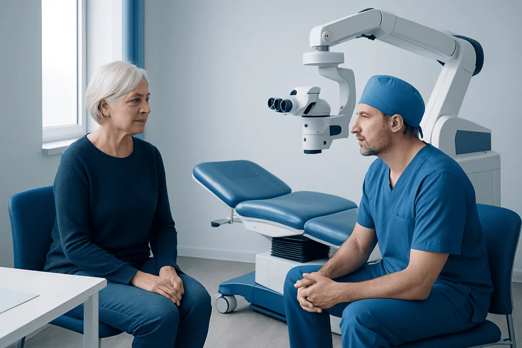 Ophthalmologist explains eye procedure to elderly patient in clinic.