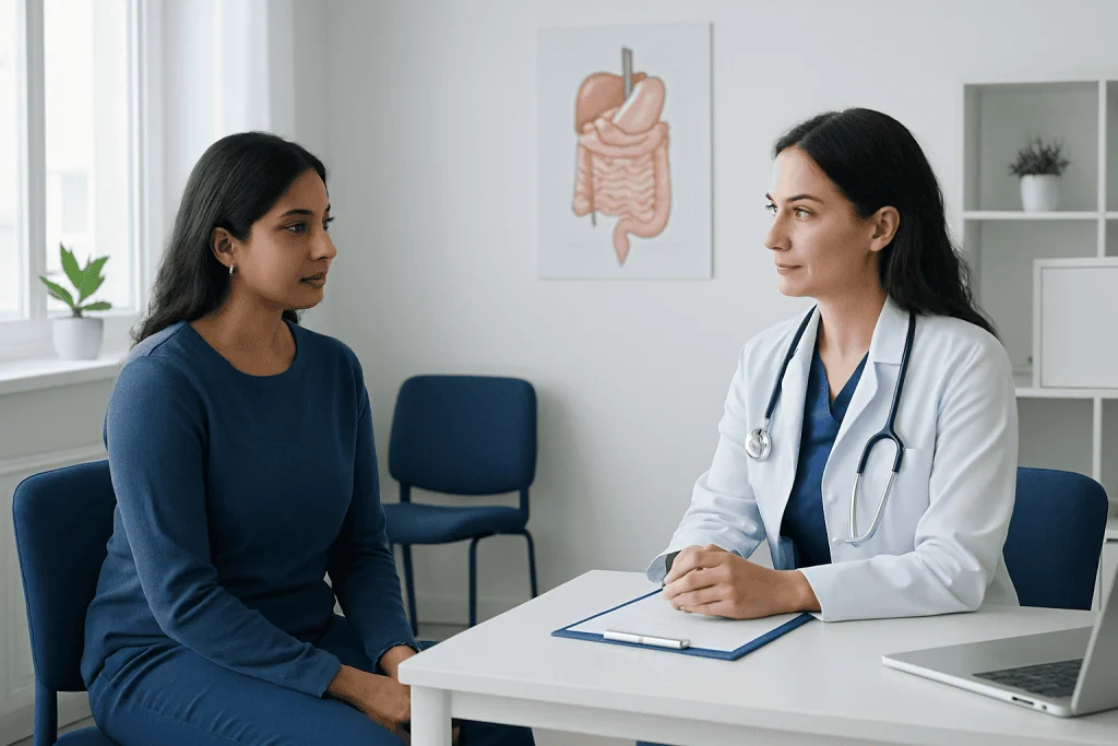 Doctor consulting patient about digestive health in a clinic setting.