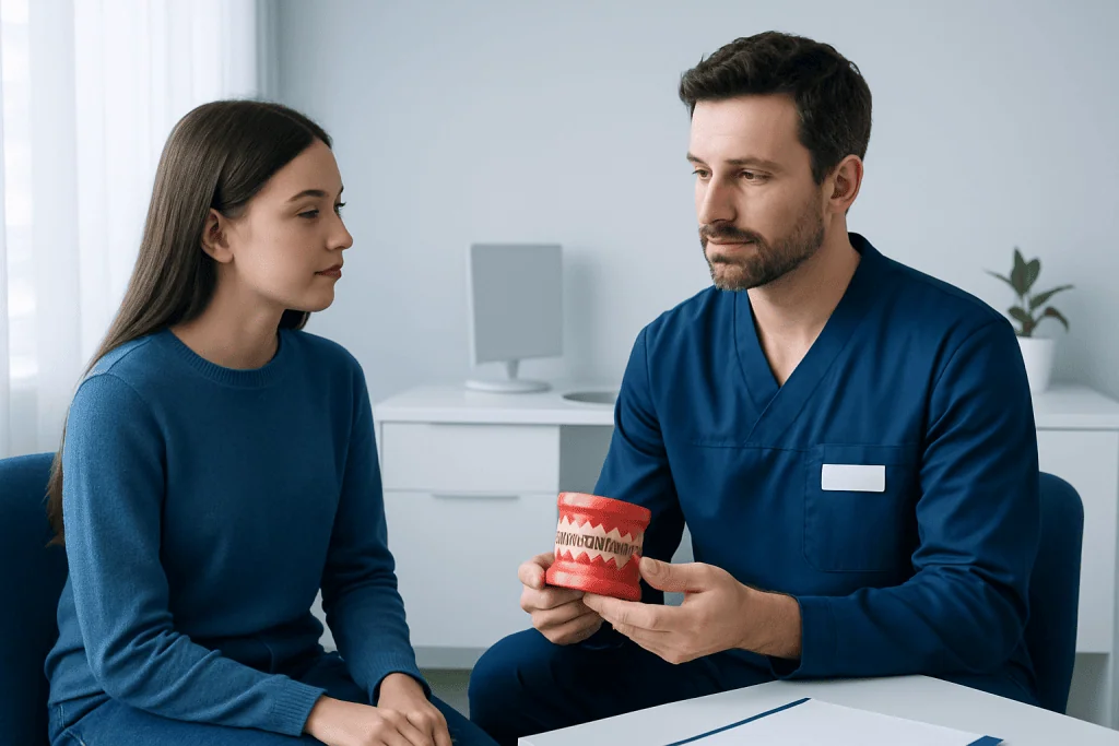 Orthodontist explaining braces to a patient in a clinic setting.