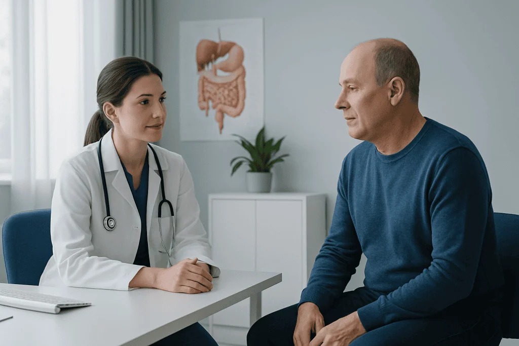 Doctor consulting with a patient about gastrointestinal health in a clinic.