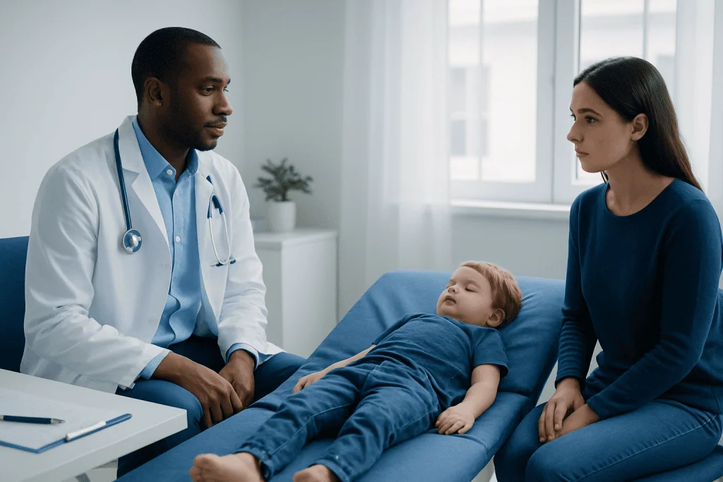 Doctor examining a young boy with mother in hospital room.