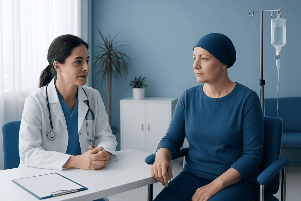 Doctor consulting a patient undergoing chemotherapy treatment in a hospital room.