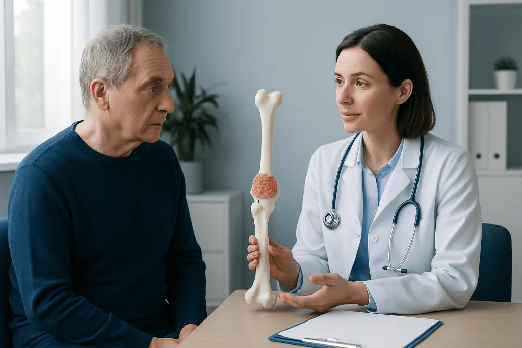 Doctor explaining bone health to patient with model of femur.