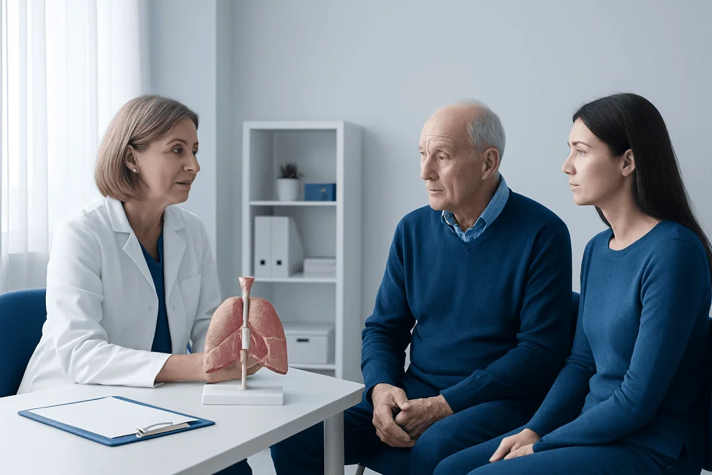 Doctor explaining lung health to senior patient and caregiver in clinic.