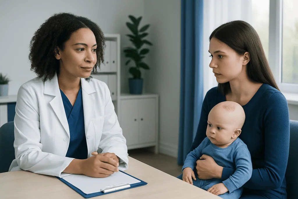 Doctor consulting with mother and baby in a medical office setting.