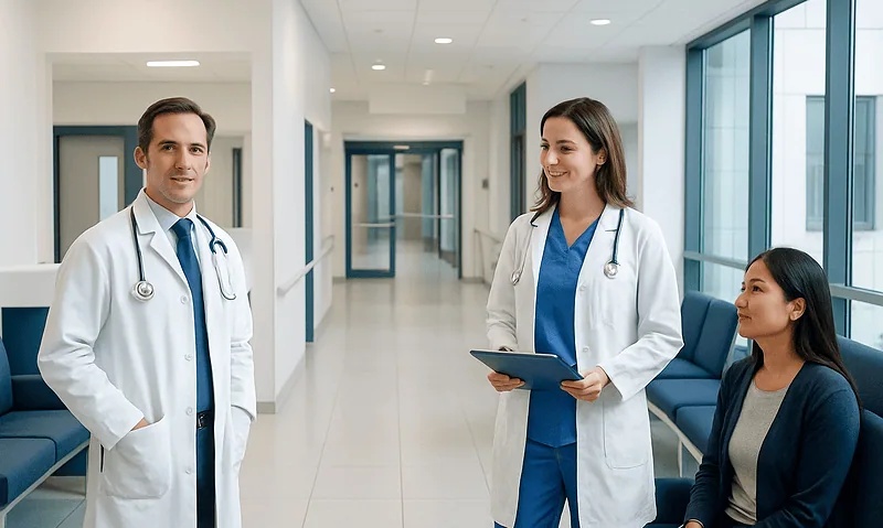 Doctors and a patient in a modern hospital corridor.