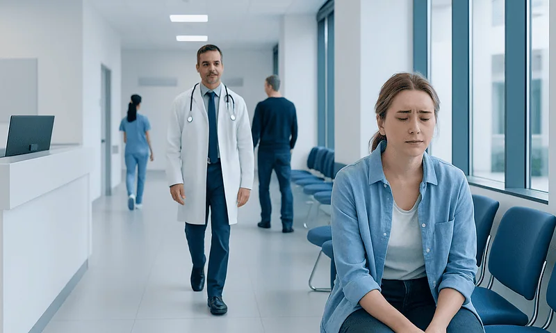 Patient experiencing eye discomfort in a hospital corridor with medical staff nearby.