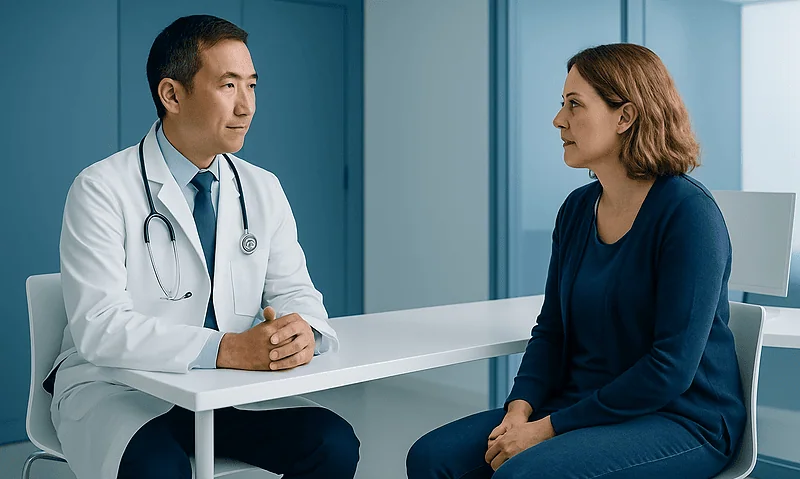 Doctor consulting with female patient in a modern clinic setting.