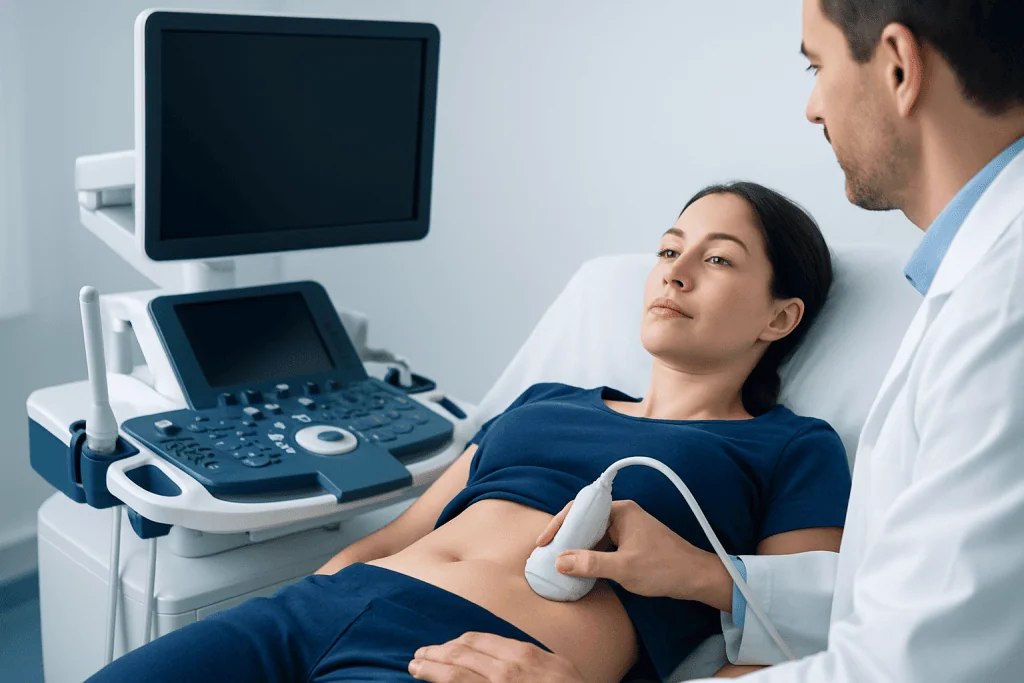 Medical examination of a woman using an ultrasound device in a hospital.