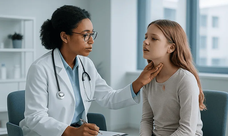 Doctor examining a young girl with sore throat symptoms in a clinic.