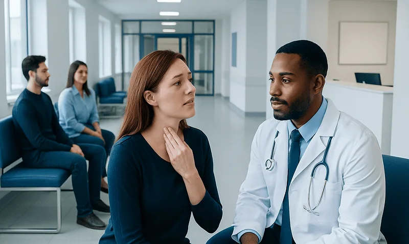 Doctor consulting a patient in a hospital waiting area.