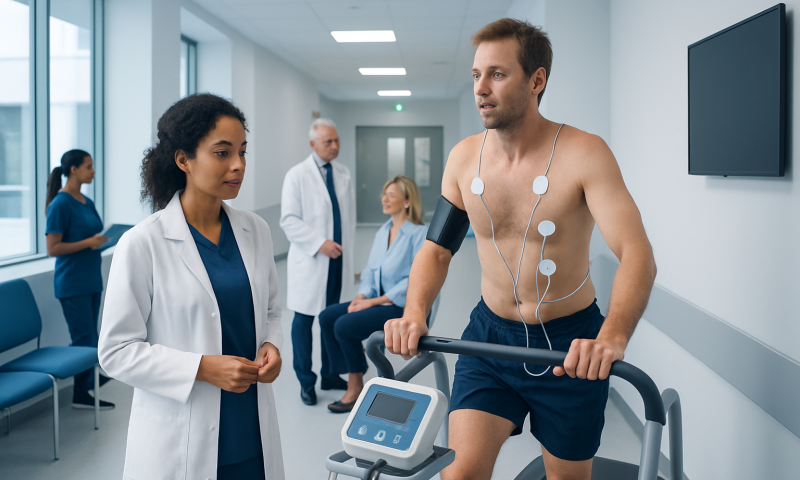 Man undergoing stress test on treadmill with medical staff monitoring.