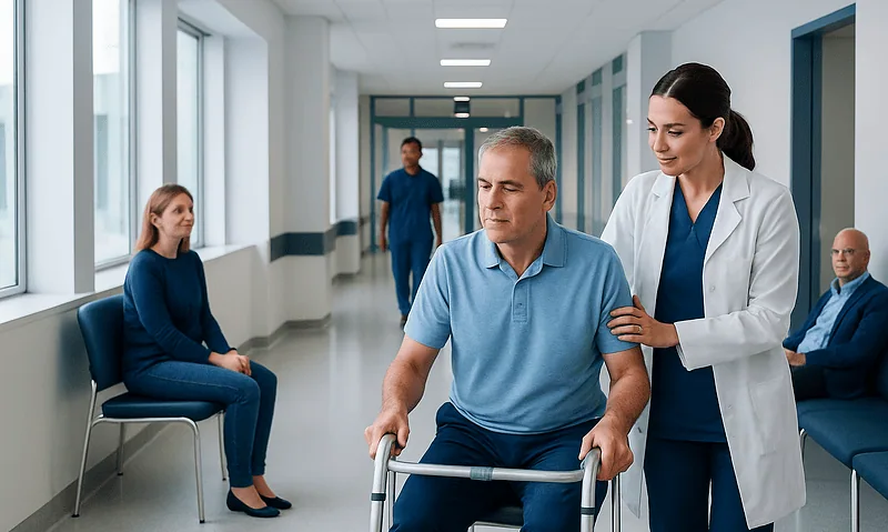 Patient in wheelchair with healthcare professional in hospital corridor.