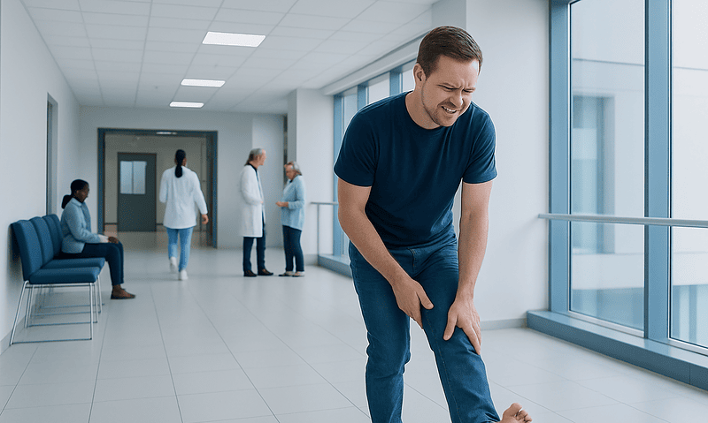 Man with a stubbed toe in hospital corridor holding his foot.