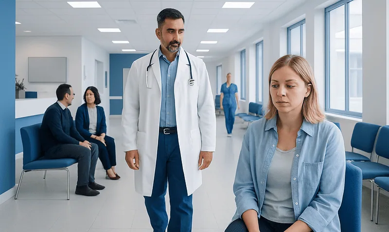 Doctor consulting a patient in a modern hospital corridor.