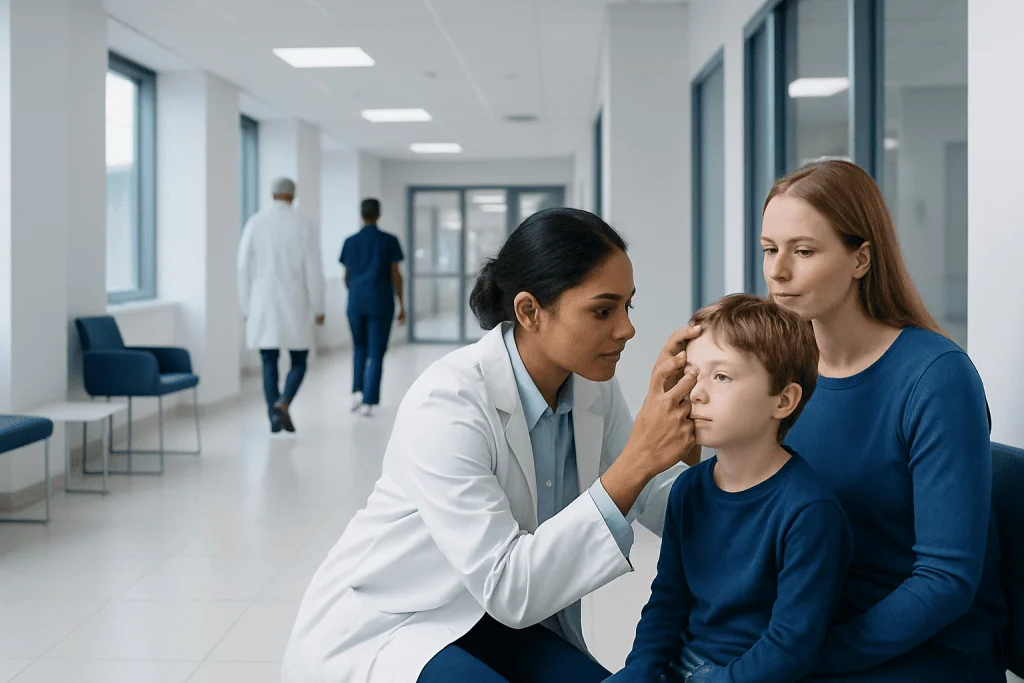 Stye Treatment for Kids: How It Works, Results and What to Expect 1 Pediatric doctor examining child's eye in hospital corridor.