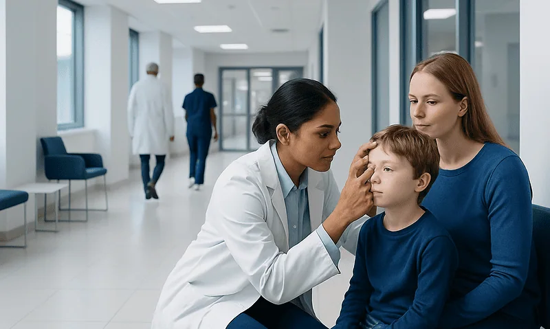 Pediatric doctor examining child's eye in hospital corridor.