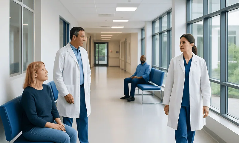 Medical team consulting patient in hospital corridor with large windows.