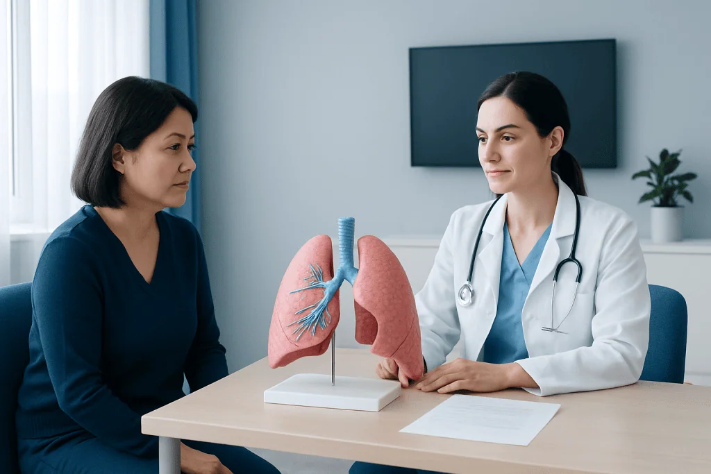 Doctor explains lung anatomy to patient using a model at a medical consultation.