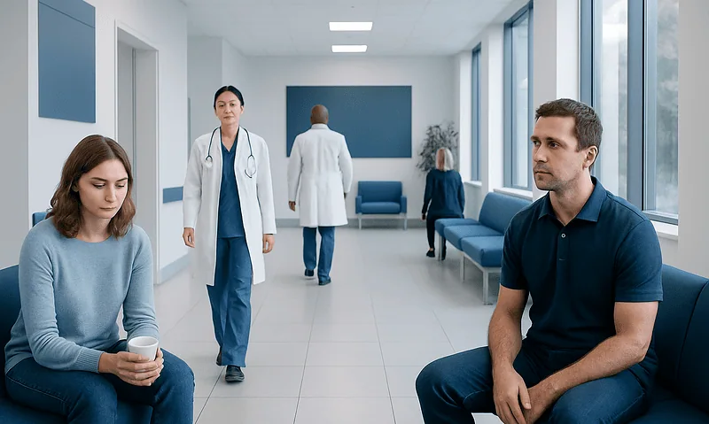 Patients waiting in a modern hospital corridor with medical staff present.