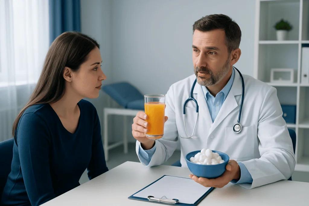 Doctor explaining health benefits of juice to patient in clinic.