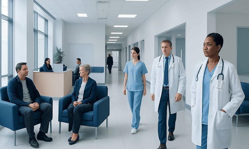 Medical staff and patients in a modern hospital corridor.