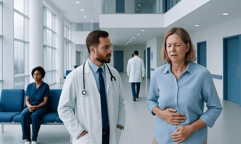 Health Library 6 Doctor consulting a patient with stomach pain in hospital corridor.