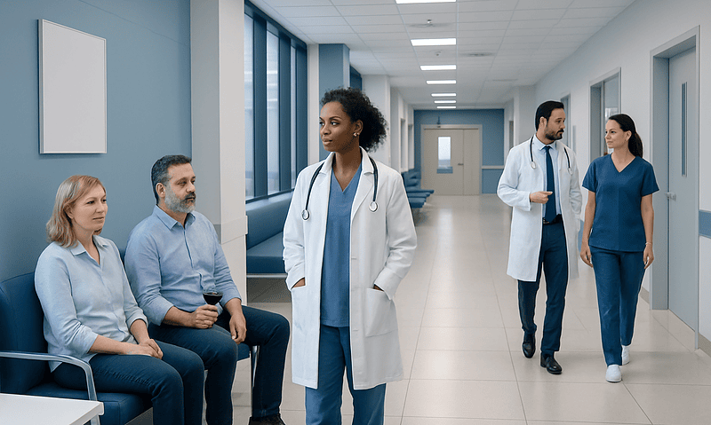 Medical professionals and patients in a hospital corridor.