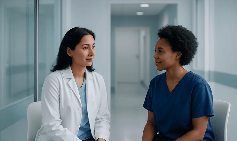 Medical consultation between two healthcare professionals in hospital corridor.