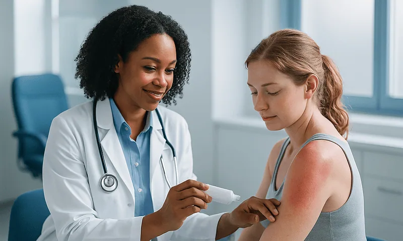 Doctor applying sunscreen or treatment to a young woman's arm in a clinical setting.