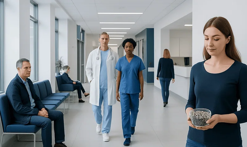 Healthcare professionals and patients in a modern hospital corridor.
