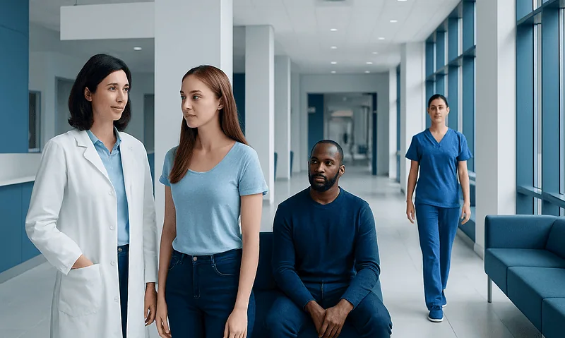 Medical consultation with healthcare professionals in a hospital corridor.