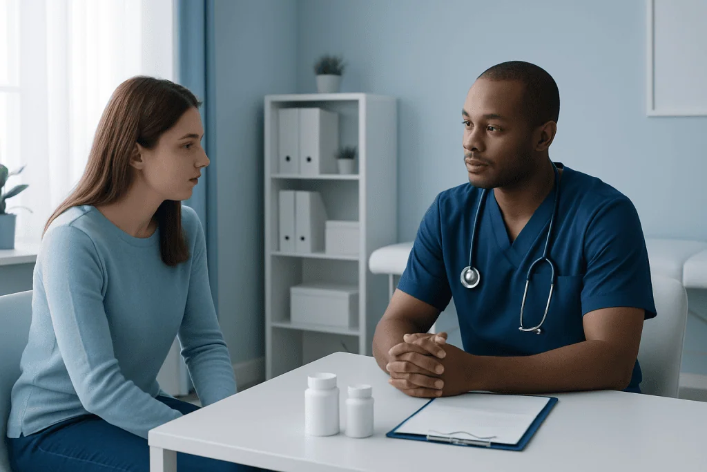 Doctor consulting with a young female patient in a medical office.